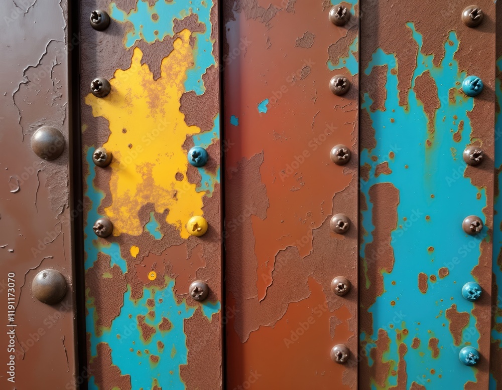 Fototapeta premium Rusty metal wall with peeling paint, rivets. Weathered surface shows vibrant colors under layers of rust. Aged metal structure with visible texture. Close up view of industrial wall material. Vintage