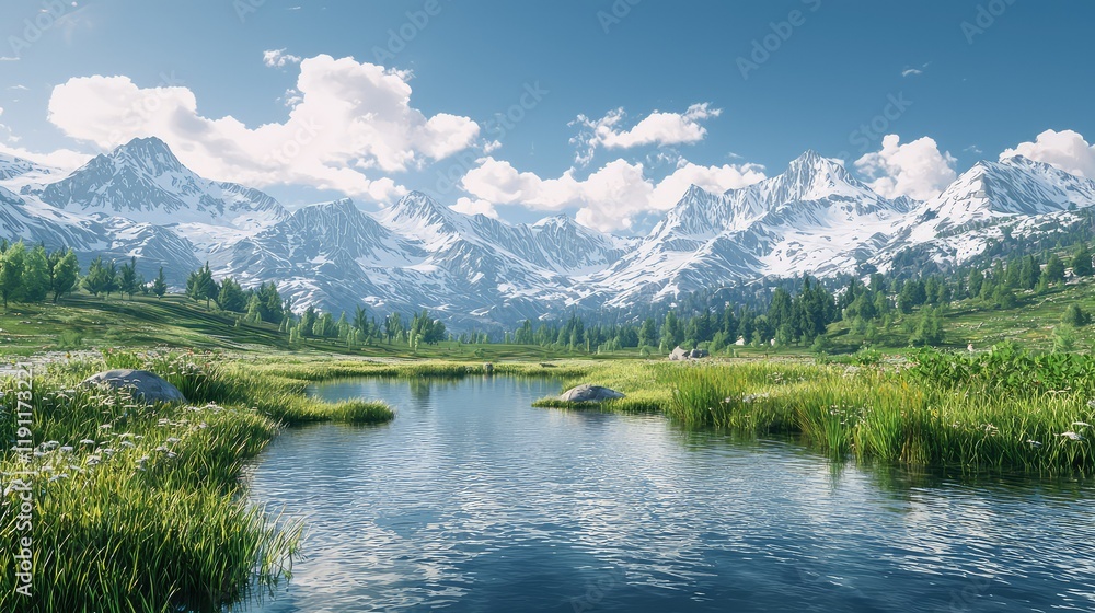 Fototapeta premium Serene Mountain Landscape with Clear Lake and Lush Greenery