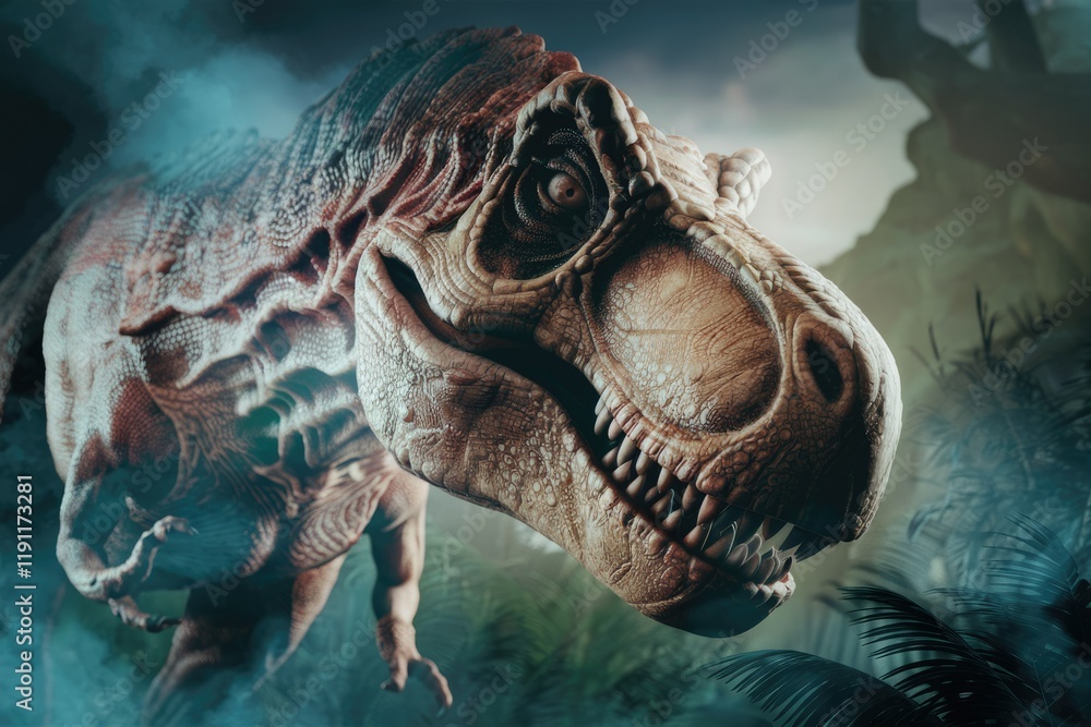 A majestic Tyrannosaurus Rex, ancient predator, roams a prehistoric jungle shrouded in mist. A majestic Tyrannosaurus Rex, ancient predator, roams a prehistoric jungle shrouded in mist.