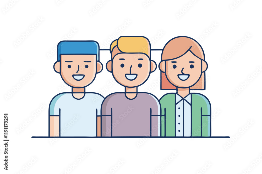 Simple cartoon illustration of three smiling diverse people, showcasing teamwork, friendship, and inclusivity on a white background Simple cartoon illustration of three smiling diverse people, showcasing teamwork, friendship, and inclusivity on a white background