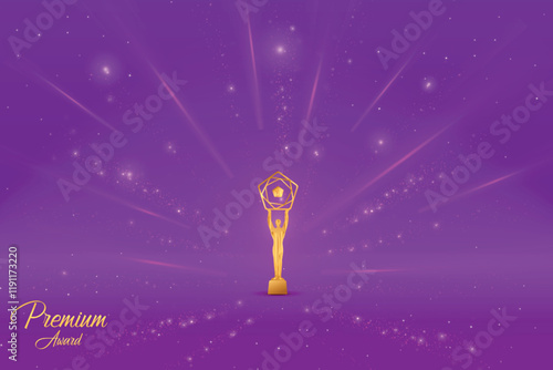 Premium Award With Cluster Of Lights Retro Style On Purple Background. Royal Ethnic Theme Concept Design Vector Illustration For Grand Music Concert, Movie, Party, Festival Celebration Element Etc.