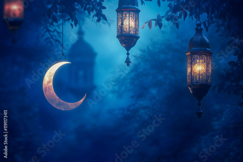 mubarak eid lanterns hanging in the garden during moon night photo