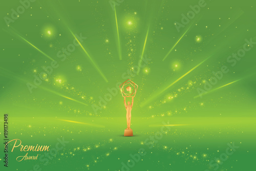 Premium Award With Cluster Of Lights Retro Style On Green Background. Royal Ethnic Theme Concept Design Vector Illustration For Grand Music Concert, Movie, Party, Festival Celebration Element Etc.
