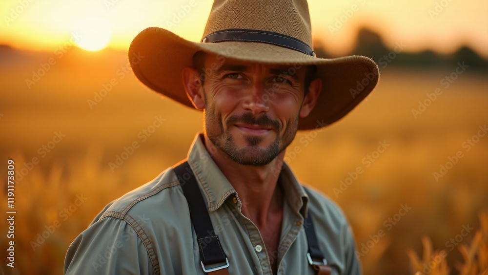 Portrait of a farmer in a straw hat and overalls, blurred golden field background at sunset. Serene, weathered expression conveys resilience. No hands, tools, or crops shown. Portrait of a farmer in a straw hat and overalls, blurred golden field background at sunset. Serene, weathered expression conveys resilience. No hands, tools, or crops shown.
