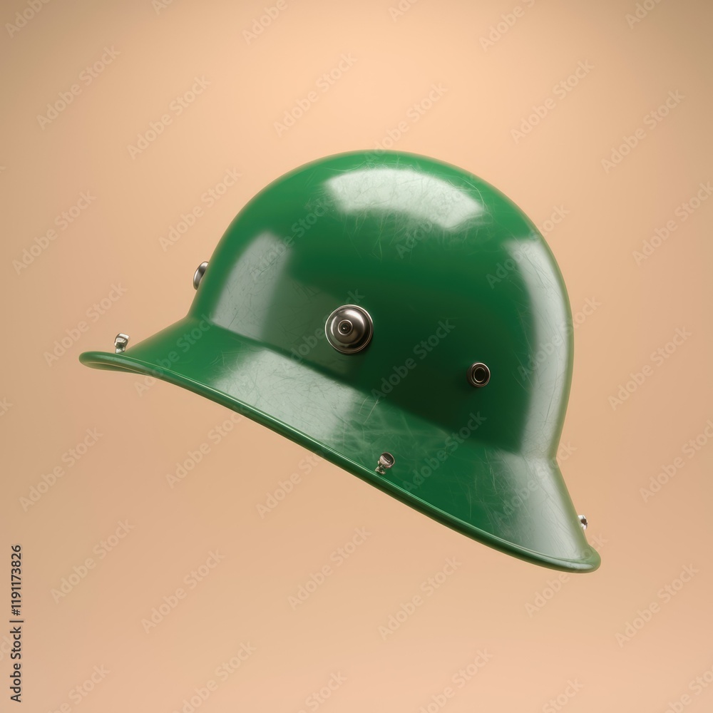 Fototapeta premium A green safety helmet, possibly for construction or industrial use, shown against a beige backdrop.