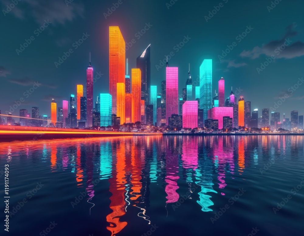 Fototapeta premium Futuristic cityscape at night. Modern skyscrapers glow with vibrant neon lights. Colorful reflections dance on water. City landscape glows with energy, tech. Abstract art with bright colors. Urban
