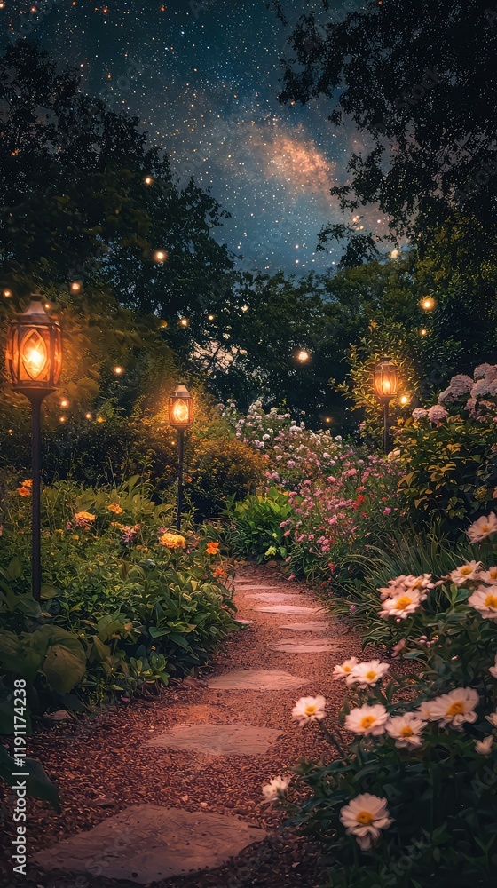 Fototapeta premium Serene Garden Pathway Under Starry Sky with Lanterns and Flowers