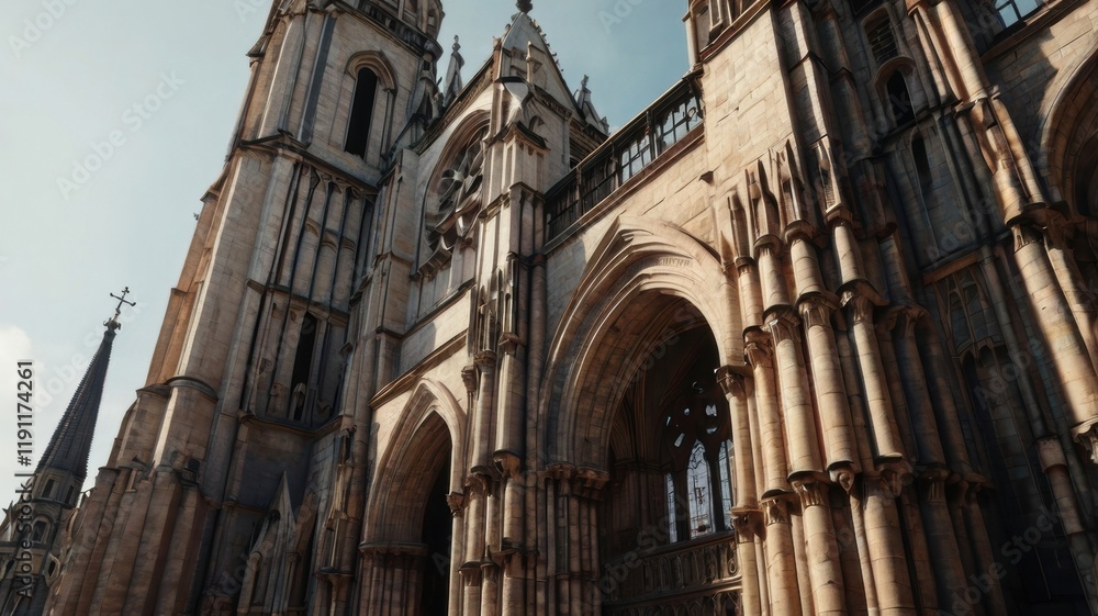 Obraz premium The Majestic Facade of a Historic Cathedral Showcasing Intricate Gothic Architecture Against a Clear Blue