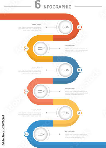 Vertical infographic timeline 6 steps or options on white background. Milestone, Roadmap, Timeline, Comparative, Planning and Business presentation. Vector illustration.