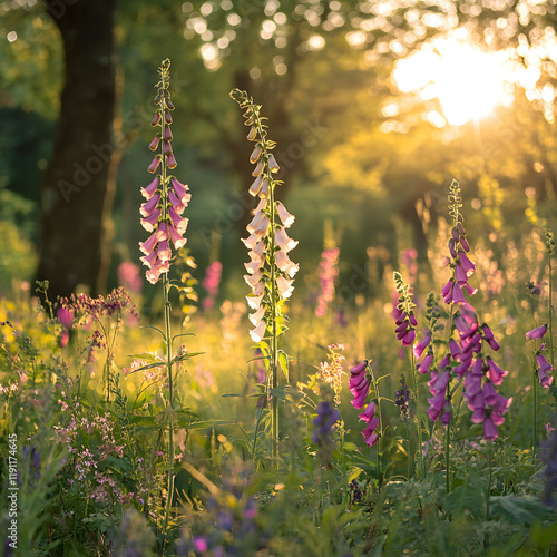 Foxglove flowers bathed in golden sunlight, a serene summer scene in a wildflower meadow.