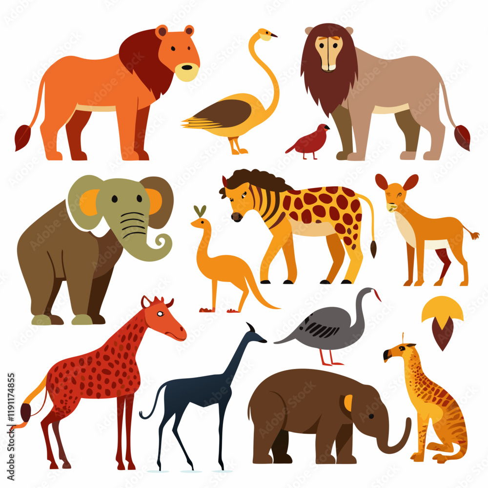 A collection of stylized illustrations of various African animals, including mammals, birds, and reptiles A collection of stylized illustrations of various African animals, including mammals, birds, and reptiles