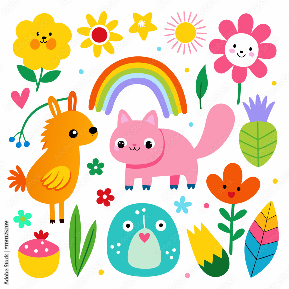 A whimsical, hand-drawn collection of cartoon animals, rainbows, flowers, and other playful elements in bright colors A whimsical, hand-drawn collection of cartoon animals, rainbows, flowers, and other playful elements in bright colors