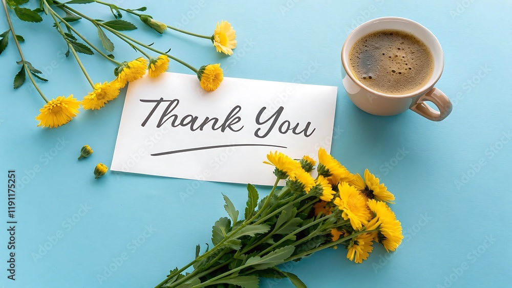 Naklejka premium Notes thank you and coffee mug with bouquet of yellow flowers calendula on blue background. Thankfulness, coffee cup, customer service, thanks card concept, top view, flat lay. Copy space