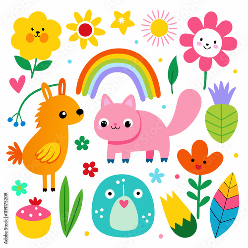 A whimsical, hand-drawn collection of cartoon animals, rainbows, flowers, and other playful elements in bright colors