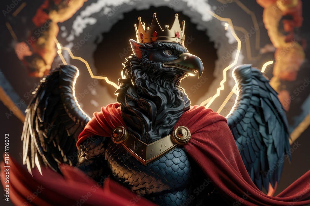 Fototapeta premium A majestic griffin, crowned and cloaked, commands with regal power and mythical grace.