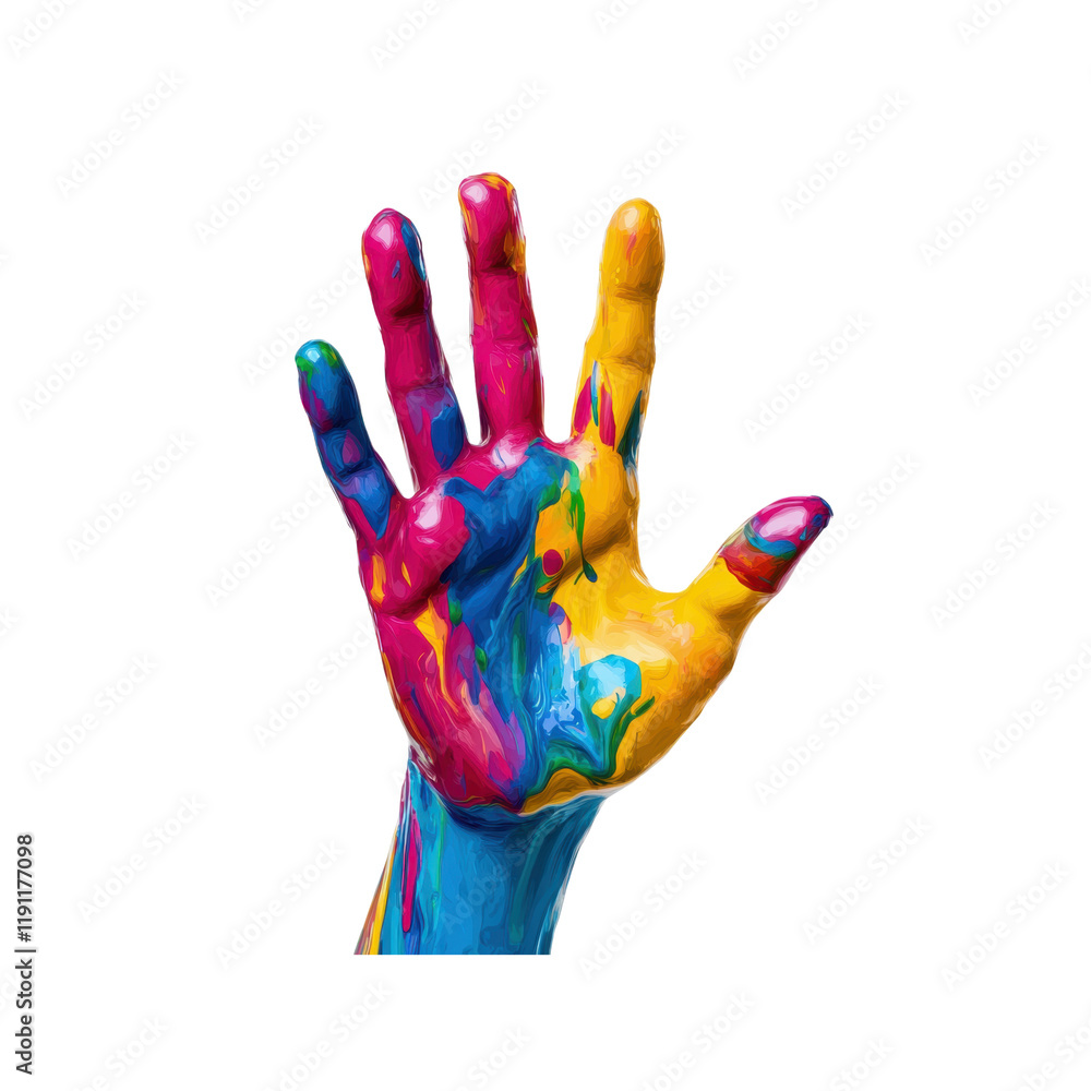 Hand covered in vibrant, colorful paint making a gesture with three fingers raised. The vivid splashes of paint create a dynamic and artistic expression. Isolated on transparent background, png. Hand covered in vibrant, colorful paint making a gesture with three fingers raised. The vivid splashes of paint create a dynamic and artistic expression. Isolated on transparent background, png.