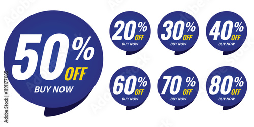Blue Percent Discount Sticker Set – Buy Now Labels with 20% to 80% Off for Sales, Promotions, and Special Offer Tags