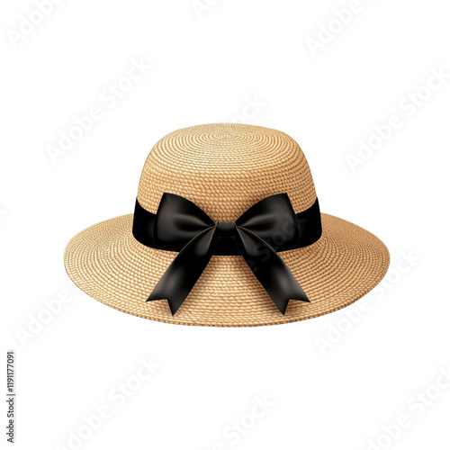 Elegant straw hat featuring a black ribbon bow. Ideal for summer wear, offering sun protection and a fashionable look for outdoor activities. Isolated on transparent background, png. photo