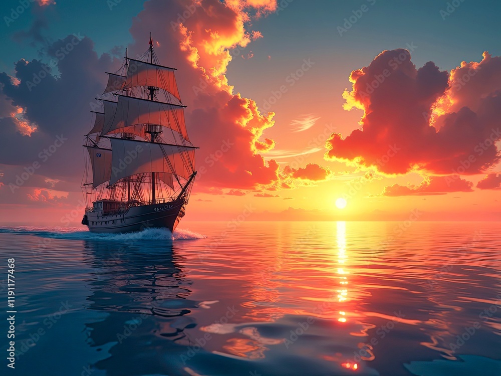 Fototapeta premium Sunset over the sea, ship in the sunset