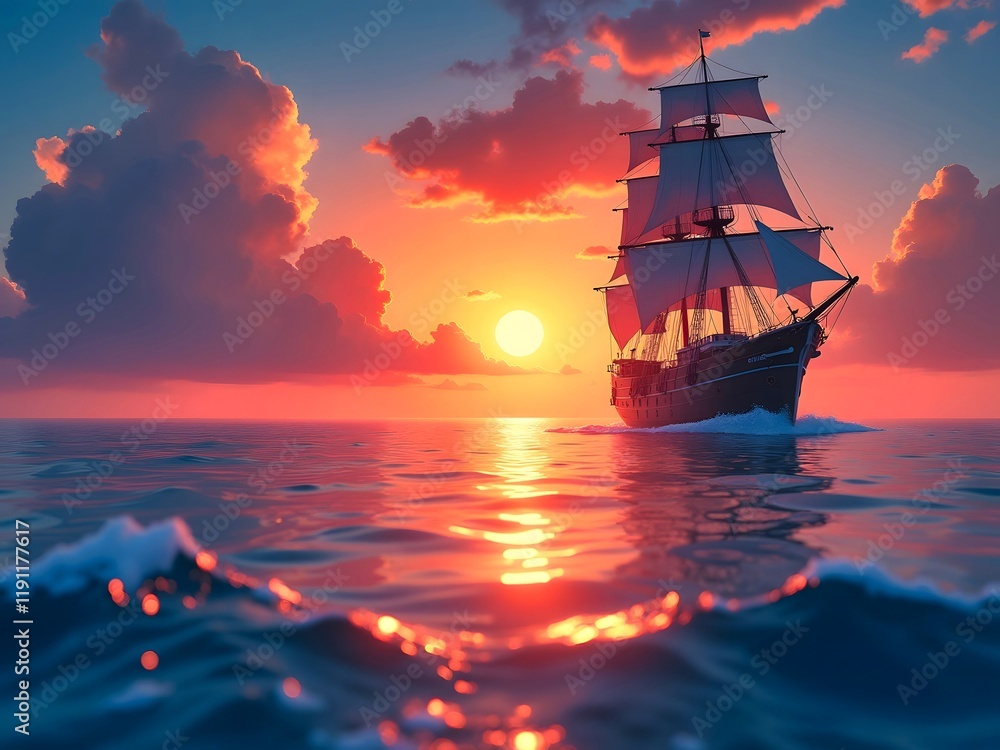 Fototapeta premium Sunset over the sea, ship in the sunset