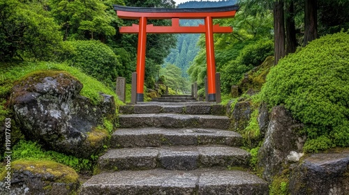 A serene pathway leads up a series of stone steps,