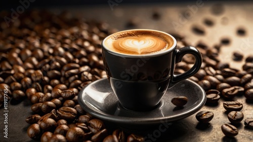 A Captivating Cup of Artfully Crafted Coffee Surrounded by Freshly Roasted Coffee Beans, Evoking Warmth and Comfort in Every Sip