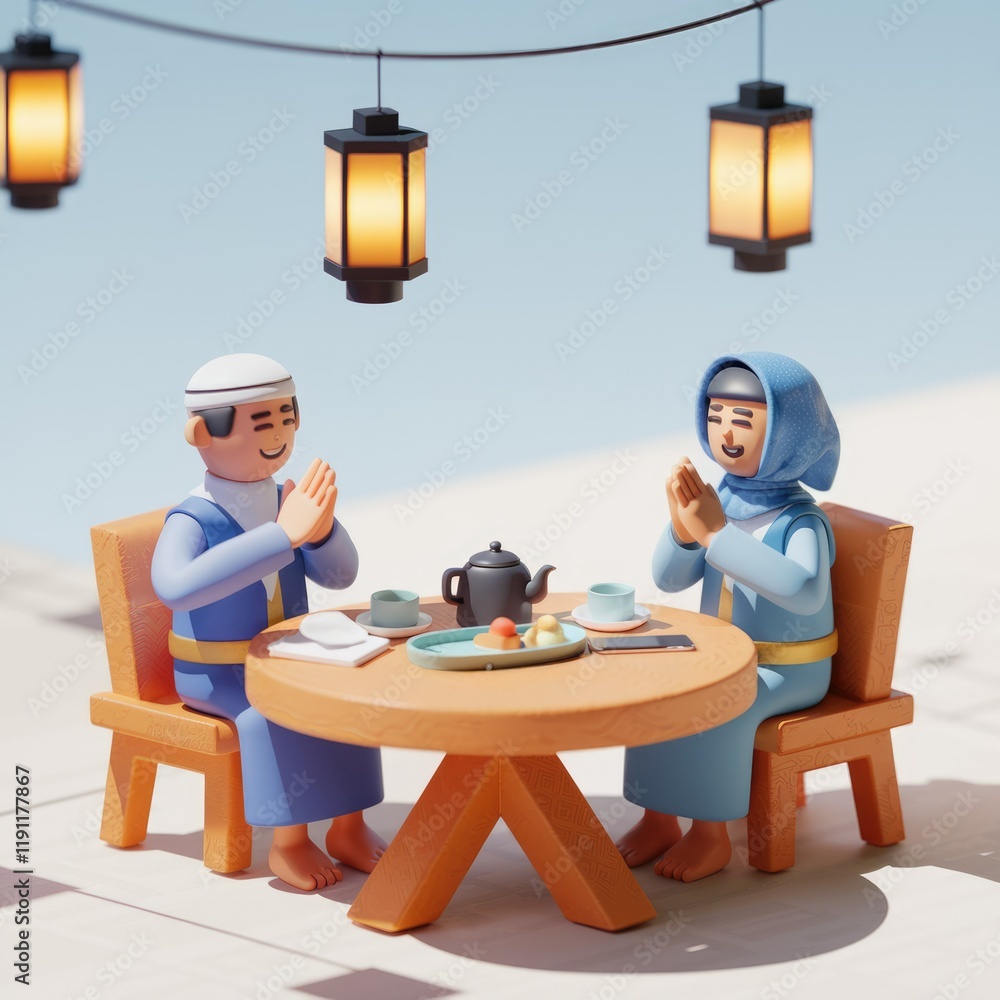 Two Muslim figures expressing gratitude before a meal, a serene outdoor setting with lanterns.