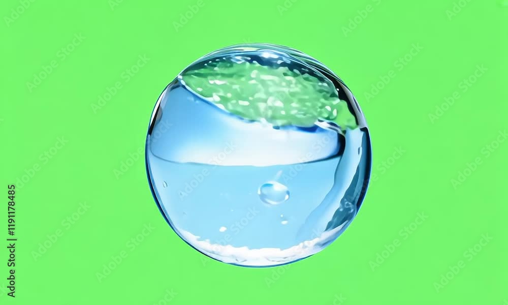 “Transparent sphere with swirling water on a green screen for dynamic effects