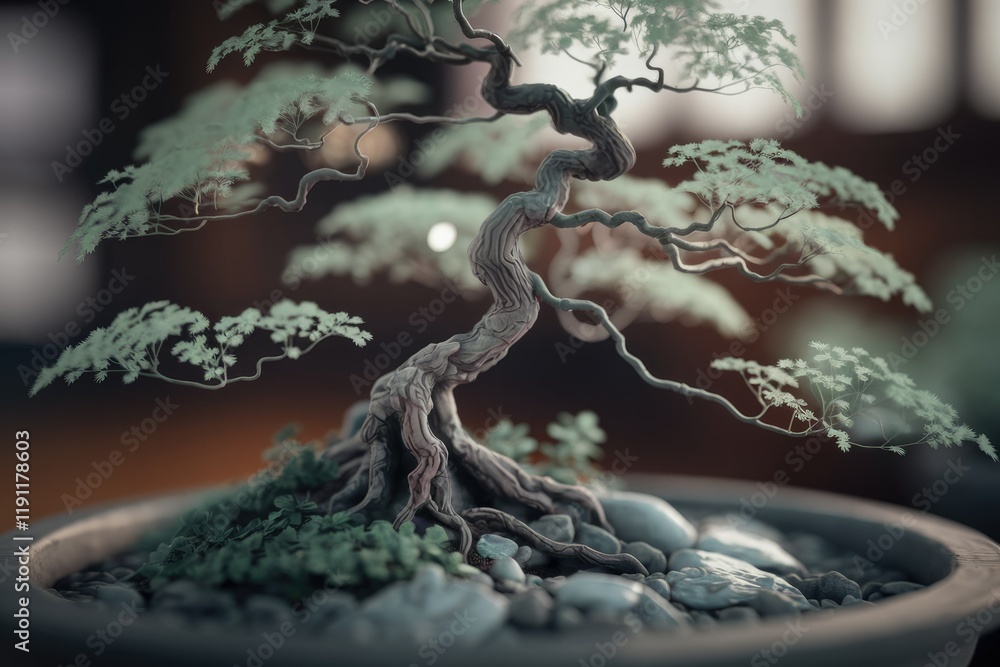 Fototapeta premium A meticulously crafted bonsai tree, showcasing its intricate branches and aged trunk in a serene setting.
