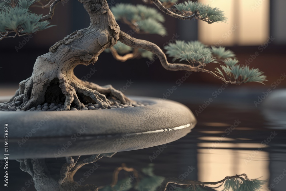 Fototapeta premium Ancient bonsai tree gracefully sits in a stone pot, its reflection mirrored in still water.