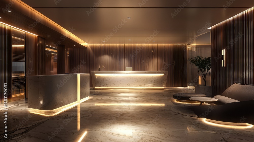 Modern and Stylish Hotel Lobby with Warm Lighting and Sleek Design Modern and Stylish Hotel Lobby with Warm Lighting and Sleek Design
