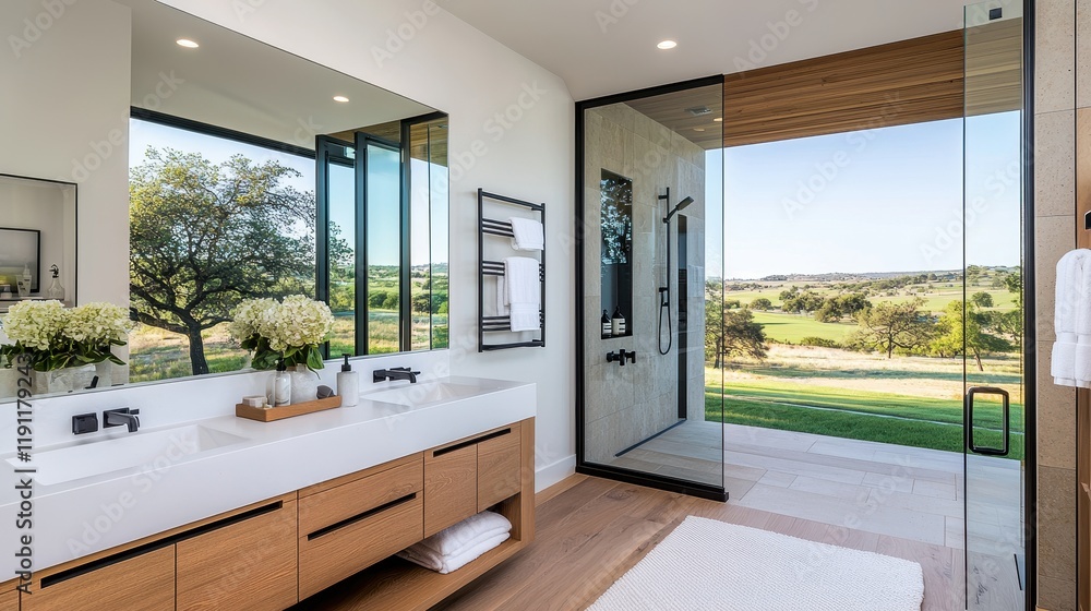 Modern Elegant Bathroom with View of Scenic Landscape and Natural Light Through Glass Walls Modern Elegant Bathroom with View of Scenic Landscape and Natural Light Through Glass Walls