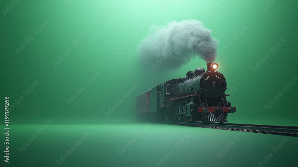Obraz premium Steam train on green background, emitting smoke.