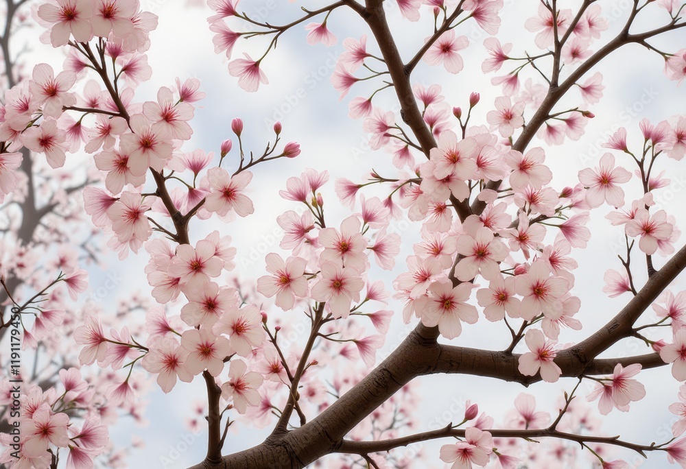 Pink cherry blossoms on branches against a cloudy sky Pink cherry blossoms on branches against a cloudy sky