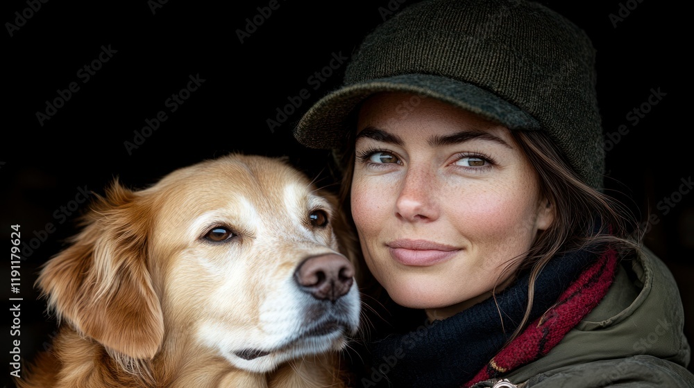 Woman smiling with a golden retriever in a cozy setting. Woman smiling with a golden retriever in a cozy setting.