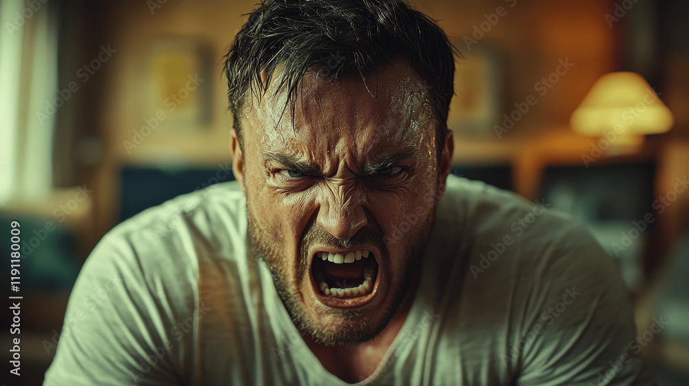 Fototapeta premium Intense moment of a man expressing raw emotion during a workout at home in the evening