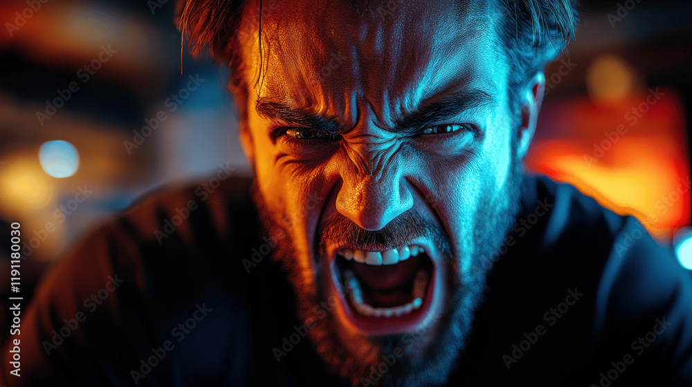 Intense expression of anger in a dimly lit environment with blue and orange lighting Intense expression of anger in a dimly lit environment with blue and orange lighting