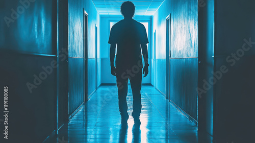 Dark hallway with a solitary figure standing under blue lighting at dusk