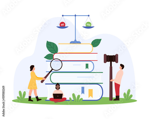 Analysis for compliance with rules and laws, corporate policy. Tiny people reading new order, regulatory document or instruction in guideline with magnifying glass cartoon vector illustration