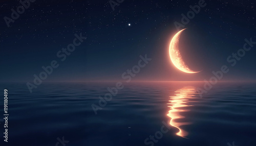 Serene Crescent Moon Glowing Above Tranquil Water at Night