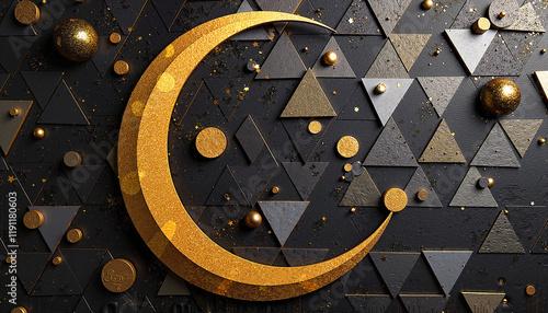 Modern Geometric Golden Crescent Moon with Triangle Pattern