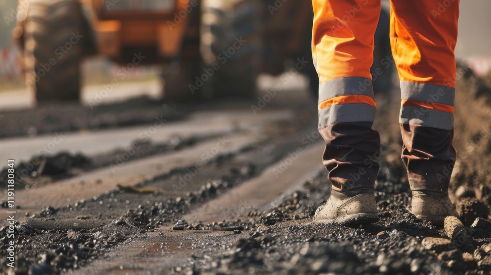 A close-up of a construction supervisor coordinating operations at a road construction site, Roadwork supervision scene, Infrastructure management style A close-up of a construction supervisor coordinating operations at a road construction site, Roadwork supervision scene, Infrastructure management style