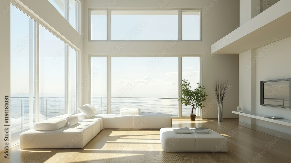 Fototapeta premium Spacious Modern Living Room with Scenic Ocean View and Natural Light