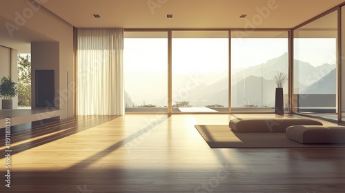 Serene Modern Interior with Mountain View and Soft Natural Light