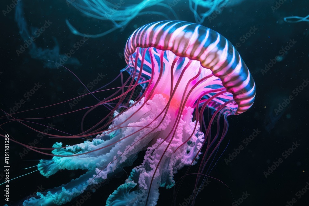 Fototapeta premium A mesmerizing pink and purple jellyfish gracefully floats in the dark ocean depths, its tentacles trailing behind.