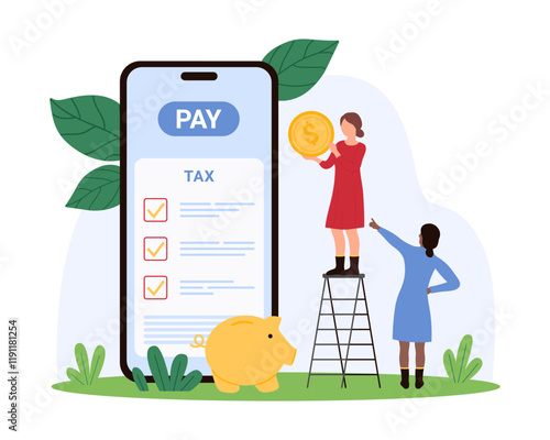 Online tax payment in mobile app. Tiny people check checklist form with coins to pay taxation price on smartphone screen, online service to calculate tax deductions cartoon vector illustration