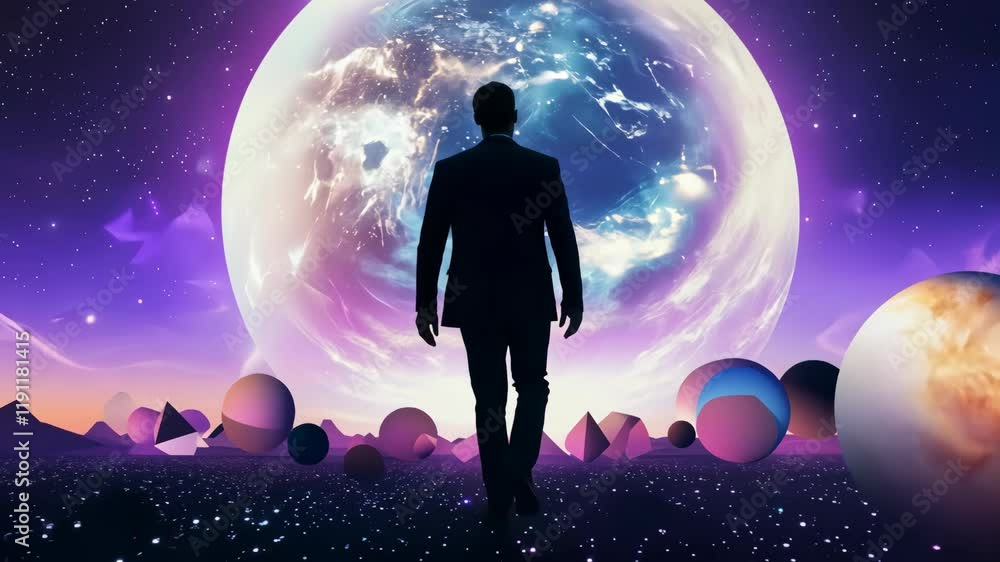 Silhouetted person standing in front of a surreal cosmic landscape with planets and glowing horizon. Futuristic and space exploration theme Silhouetted person standing in front of a surreal cosmic landscape with planets and glowing horizon. Futuristic and space exploration theme