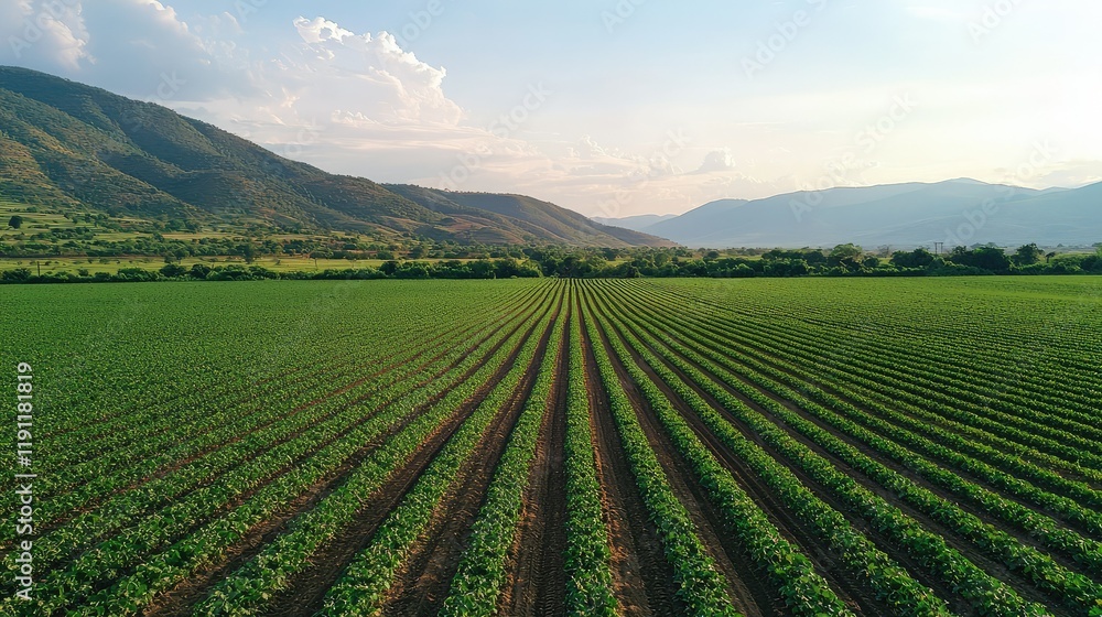Lush Green Agricultural Fields Under Bright Blue Sky in Mountains Lush Green Agricultural Fields Under Bright Blue Sky in Mountains