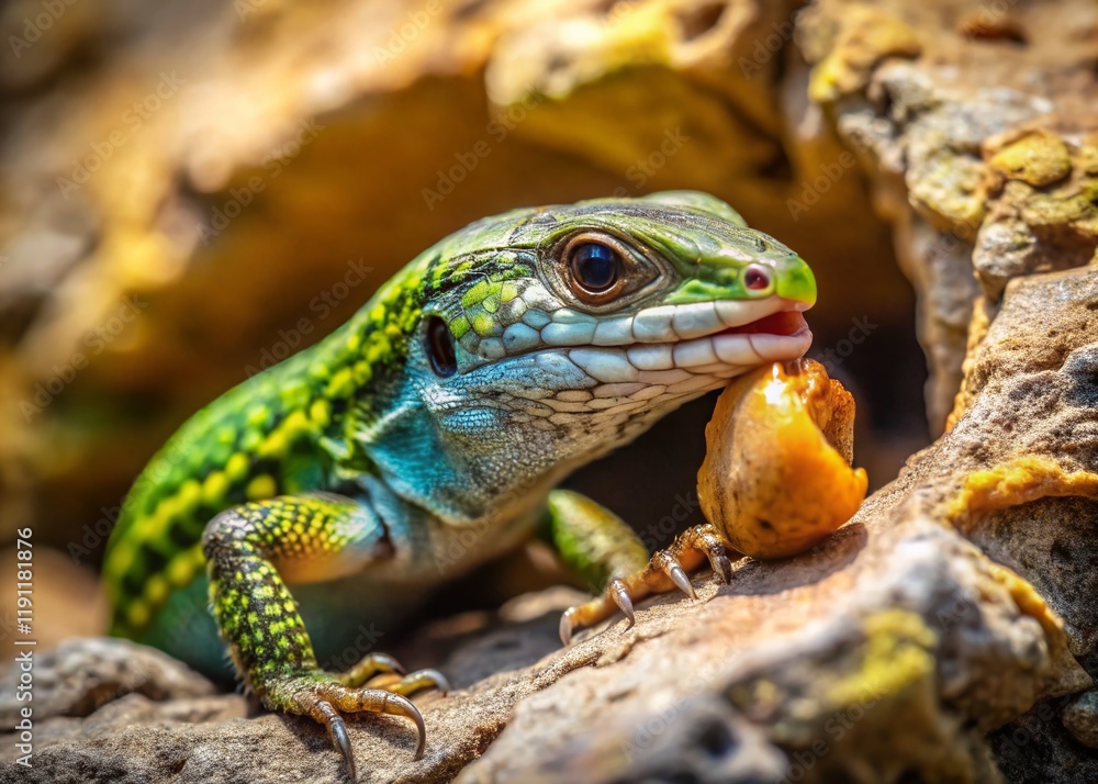 Wall Lizard Devouring Potato Bug in Stone Crevice - Architectural Detail Wall Lizard Devouring Potato Bug in Stone Crevice - Architectural Detail