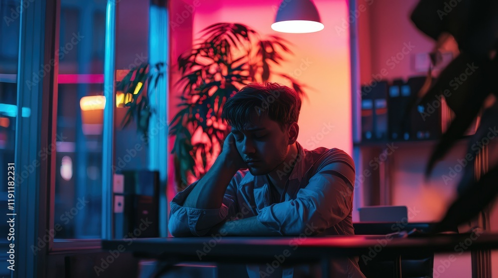 Contemplative Person in Dimly Lit Room with Neon Lighting Contemplative Person in Dimly Lit Room with Neon Lighting